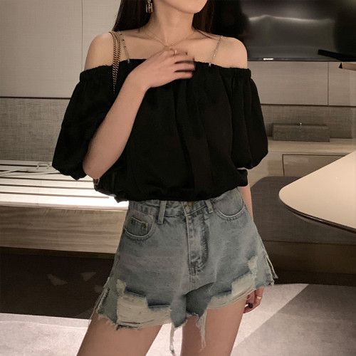 黑色一字肩上衣女夏季鎖骨心機吊帶短袖露肩t恤泡泡袖短款襯衫潮