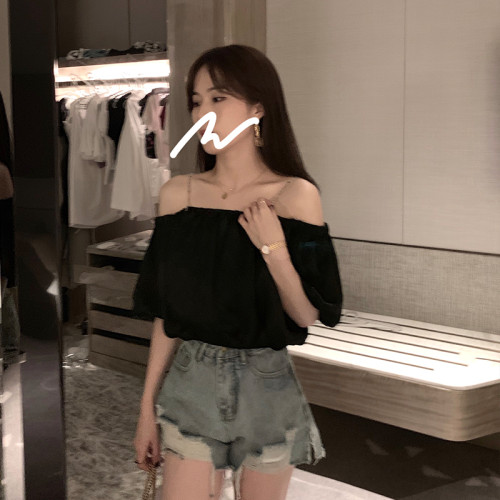 黑色一字肩上衣女夏季鎖骨心機吊帶短袖露肩t恤泡泡袖短款襯衫潮