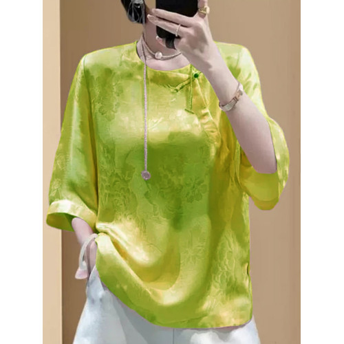 復古提花桑蠶絲襯衫女夏2025新中式盤釦襯衣減齡醋酸緞面短袖上衣