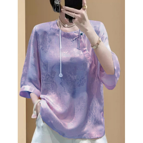 復古提花桑蠶絲襯衫女夏2025新中式盤釦襯衣減齡醋酸緞面短袖上衣