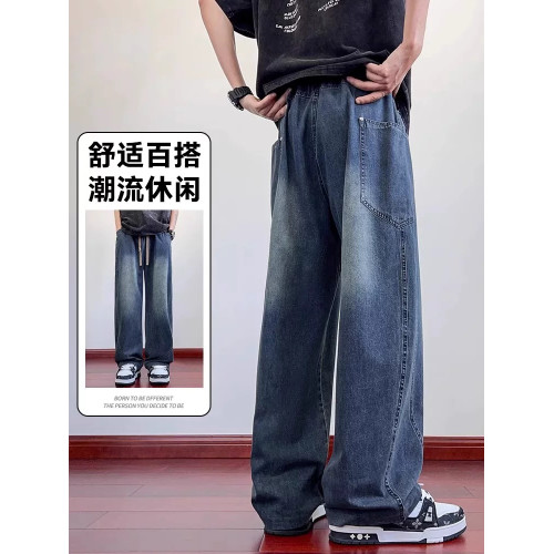 啄木鳥美式彎刀牛仔褲男士夏季薄款高街休閒寬松直筒濶腿長褲子K