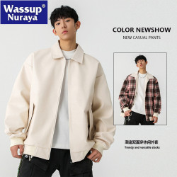 WASSUP NURAYA美式雙面穿翻領皮衣夾克男春秋寬松機車青少年外套