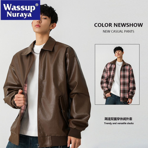 WASSUP NURAYA美式雙面穿翻領皮衣夾克男春秋寬松機車青少年外套
