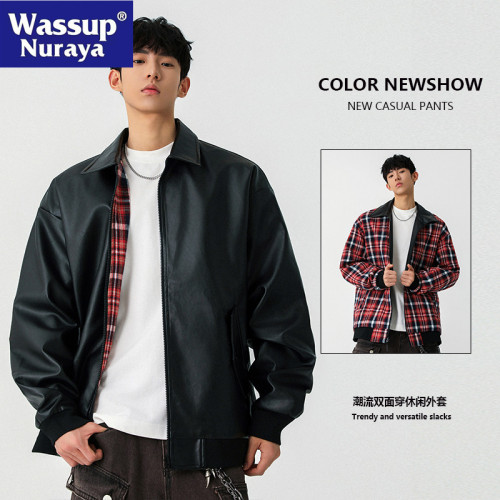 WASSUP NURAYA美式雙面穿翻領皮衣夾克男春秋寬松機車青少年外套