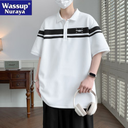 WASSUP NURAYA2025新款大碼POLO衫短袖半開胸條紋男士青年學生T恤