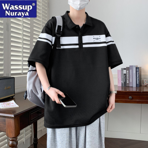 WASSUP NURAYA2025新款大碼POLO衫短袖半開胸條紋男士青年學生T恤