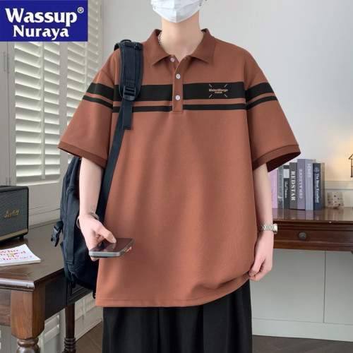 WASSUP NURAYA2025新款大碼POLO衫短袖半開胸條紋男士青年學生T恤