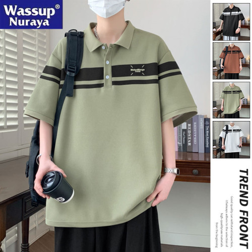WASSUP NURAYA2025新款大碼POLO衫短袖半開胸條紋男士青年學生T恤