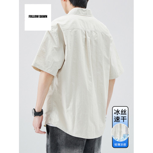 冰絲短袖襯衫男夏季新款潮流牌痞帥小衆設計高級感襯衣男