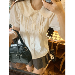 日系軟妹純棉襯衫女夏季薄款學院風娃娃領上衣甜美風襯衣大碼內搭