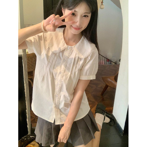 日系軟妹純棉襯衫女夏季薄款學院風娃娃領上衣甜美風襯衣大碼內搭