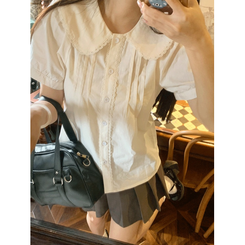 日系軟妹純棉襯衫女夏季薄款學院風娃娃領上衣甜美風襯衣大碼內搭