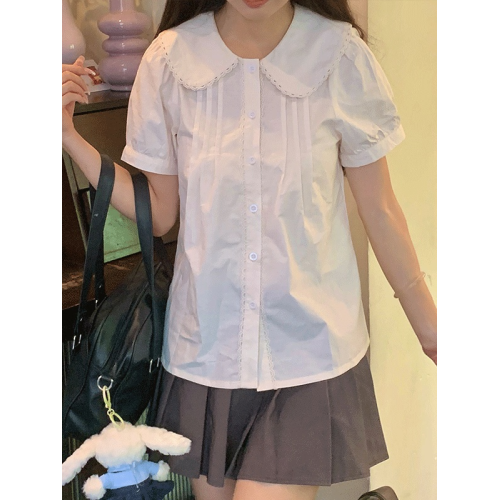 日系軟妹純棉襯衫女夏季薄款學院風娃娃領上衣甜美風襯衣大碼內搭