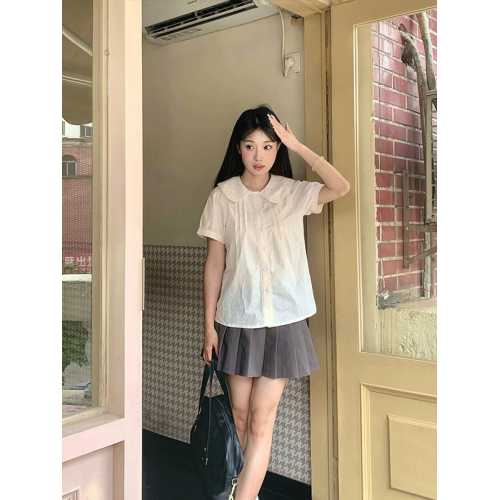 日系軟妹純棉襯衫女夏季薄款學院風娃娃領上衣甜美風襯衣大碼內搭