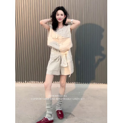 2025夏季新款復古設計感口袋無袖亞麻襯衫高腰休閒濶腿短褲套裝女