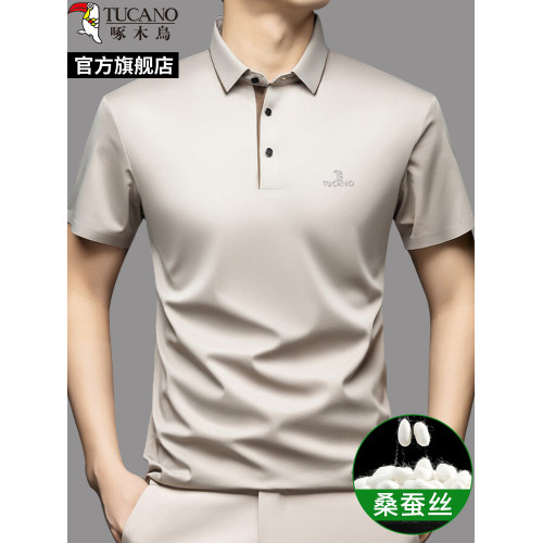 啄木鳥夏季新款高級桑蠶絲中年男士無痕polo衫爸爸裝短袖T恤翻領