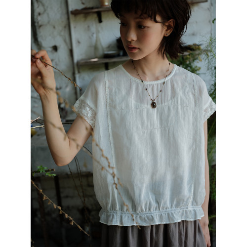說與山聽「三重奏」100%苧麻圓領襯衫/拼接對絲/日系小衫女夏6897