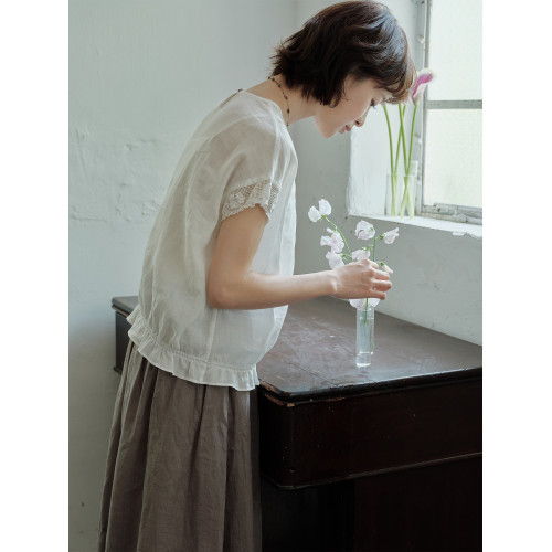 說與山聽「三重奏」100%苧麻圓領襯衫/拼接對絲/日系小衫女夏6897