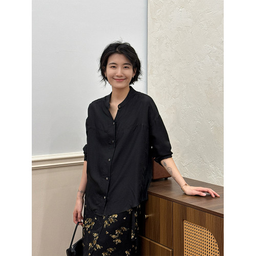 周浪清黑色桑蠶絲薄款襯衫2025新款女秋裝寬松真絲高級感長袖襯衣
