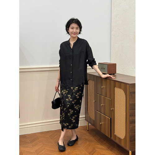 周浪清黑色桑蠶絲薄款襯衫2025新款女秋裝寬松真絲高級感長袖襯衣