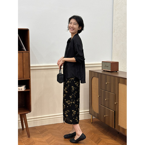 周浪清黑色桑蠶絲薄款襯衫2025新款女秋裝寬松真絲高級感長袖襯衣
