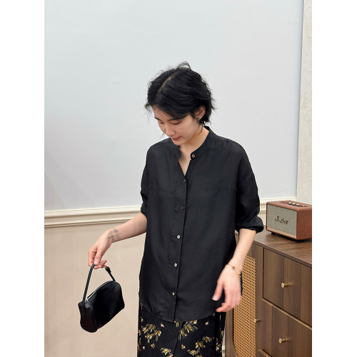 周浪清黑色桑蠶絲薄款襯衫2025新款女秋裝寬松真絲高級感長袖襯衣