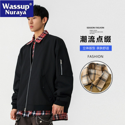 WASSUP NURAYA假兩件夾克男2025春痞帥拼接寬松翻領襯衫休閒外套