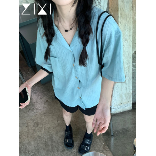 藍色肌理感條紋襯衫女短袖西裝領上衣2025夏季新款學生古巴領襯衣