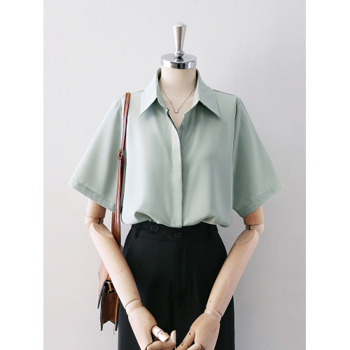 暗門襟短袖襯衫女2025夏季新款寬鬆顯瘦職業通勤百搭韓版緞面襯衣