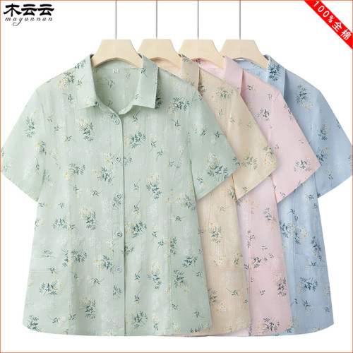 老年人夏裝女襯衫純棉短袖奶奶夏天套裝媽媽全棉t恤老人夏季女裝