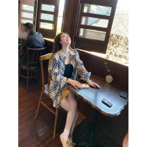 藍白撞色格紋襯衫女士2025夏季新款復古港風寬松薄款防曬長袖小衫