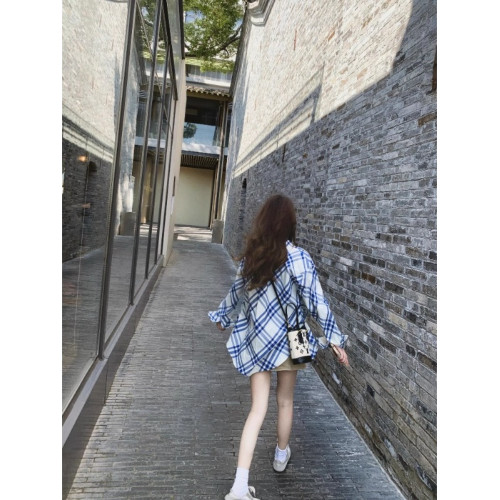 藍白撞色格紋襯衫女士2025夏季新款復古港風寬松薄款防曬長袖小衫
