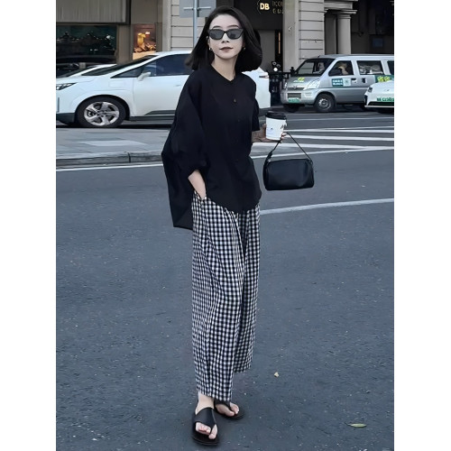 專櫃高定時尚休閒套裝女2025夏季新款寬松襯衫格子濶腿褲兩件套潮