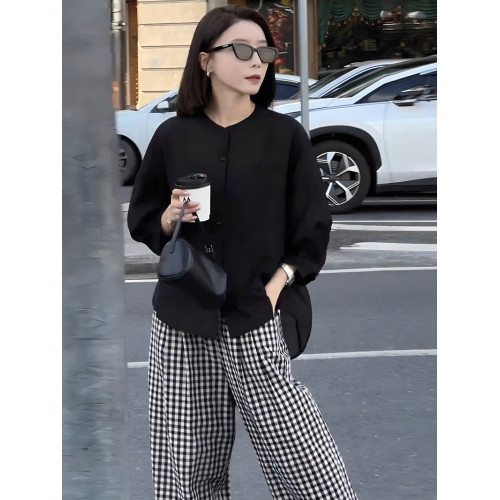 專櫃高定時尚休閒套裝女2025夏季新款寬松襯衫格子濶腿褲兩件套潮