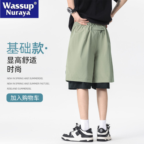 WASSUP NURAYA夏季休閒大碼直筒雙層假兩件運動短褲速乾五分褲男
