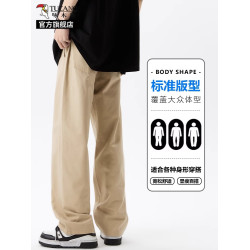 啄木鳥卡其色純棉工裝褲男夏季薄款寬松直筒濶腿運動休閒長褲子K