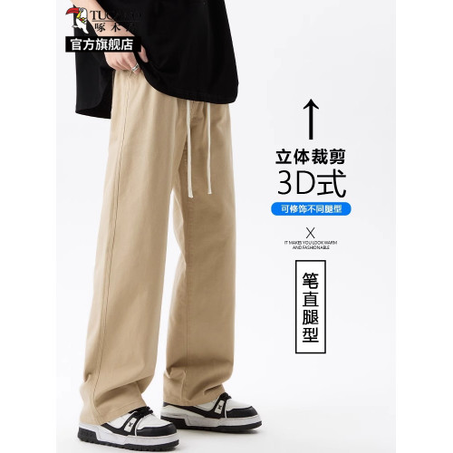 啄木鳥卡其色純棉工裝褲男夏季薄款寬松直筒濶腿運動休閒長褲子K