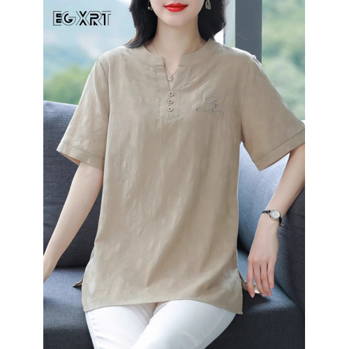 短袖T恤女2025夏季新款V領遮肚薄款大碼寬松時尚上衣休閒襯衣小衫