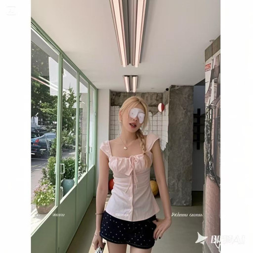 蜜桃莫吉托 純欲風粉色方領襯衫女夏2025新款修身收腰設計感上衣