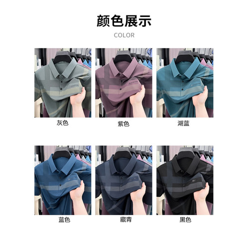 啄木鳥2025夏季新款中年男士短袖t恤燙鑽翻領爸爸裝薄款polo衫男C
