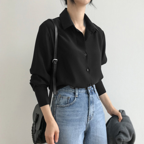 雪紡襯衫女2025春季新款韓版寬松顯瘦打底衫黑色職業OL百搭上衣潮