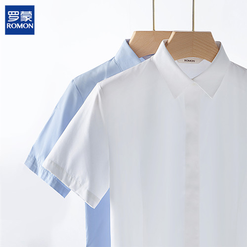 羅矇職業白襯衫女短袖正裝氣質工作服公務員藍色免燙長袖面試襯衣