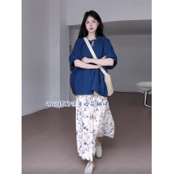 日系復古寬松蝙蝠袖系帶襯衫女夏季氛圍感碎花百褶半身裙兩件套裝