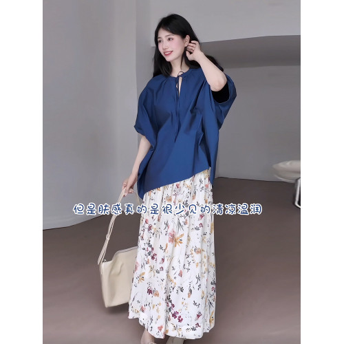 日系復古寬松蝙蝠袖系帶襯衫女夏季氛圍感碎花百褶半身裙兩件套裝