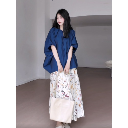 日系復古寬松蝙蝠袖系帶襯衫女夏季氛圍感碎花百褶半身裙兩件套裝
