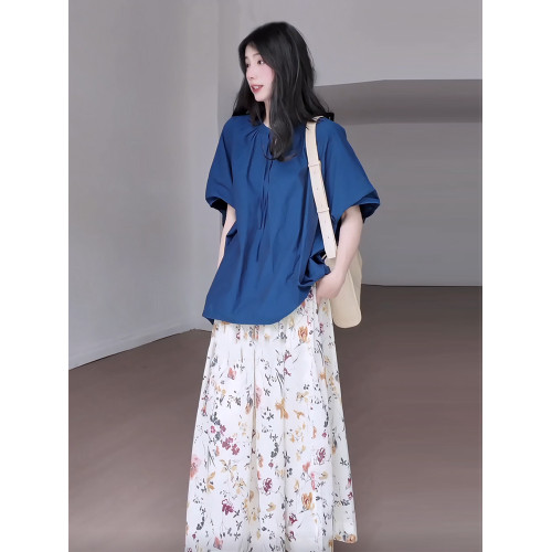 日系復古寬松蝙蝠袖系帶襯衫女夏季氛圍感碎花百褶半身裙兩件套裝