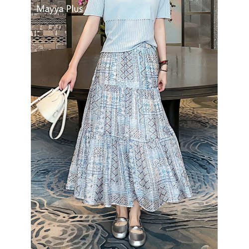 麥芽Mayya Plus 垂墜感顯瘦優雅印花半身裙女夏日薄款高腰大擺裙
