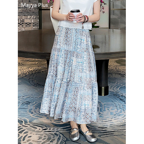 麥芽Mayya Plus 垂墜感顯瘦優雅印花半身裙女夏日薄款高腰大擺裙