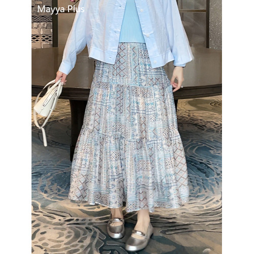 麥芽Mayya Plus 垂墜感顯瘦優雅印花半身裙女夏日薄款高腰大擺裙