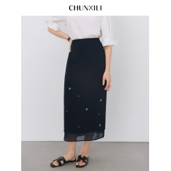 chunxili/春熙裡 夏季直筒長裙釘珠薄優雅修身開叉藏青醋酸半身裙